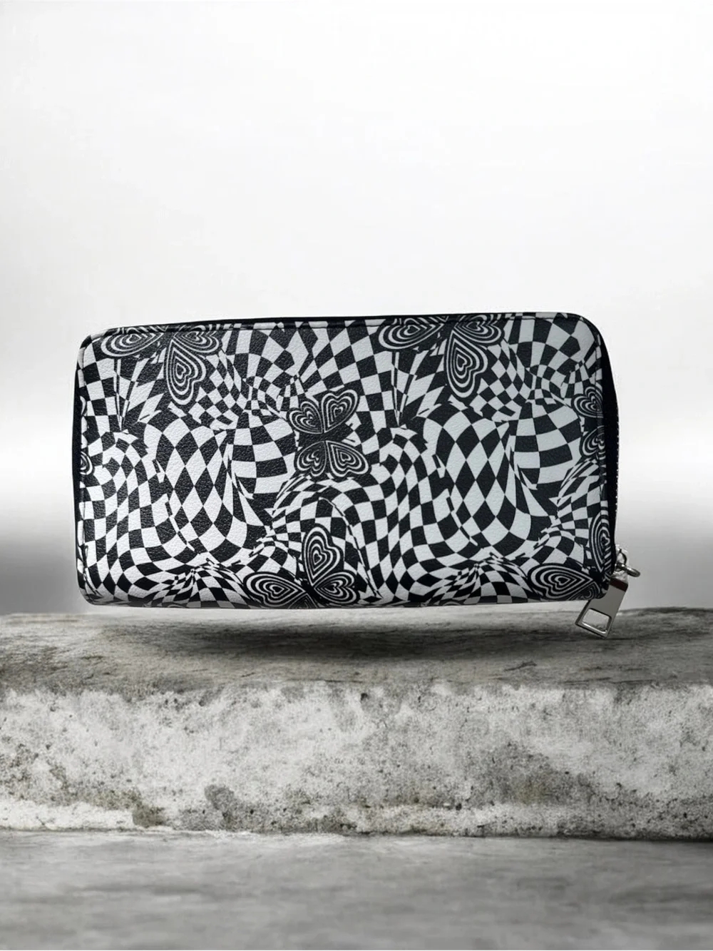 Black & White Graphic Zip-Around Wallet with Exterior Pocket